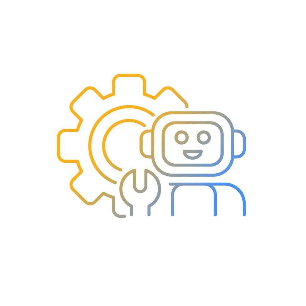Technology gradient linear vector icon. Robot with wrench against background of huge gear. Mechanisms study. Thin line color symbol. Modern style pictogram. Vector isolated outline drawing