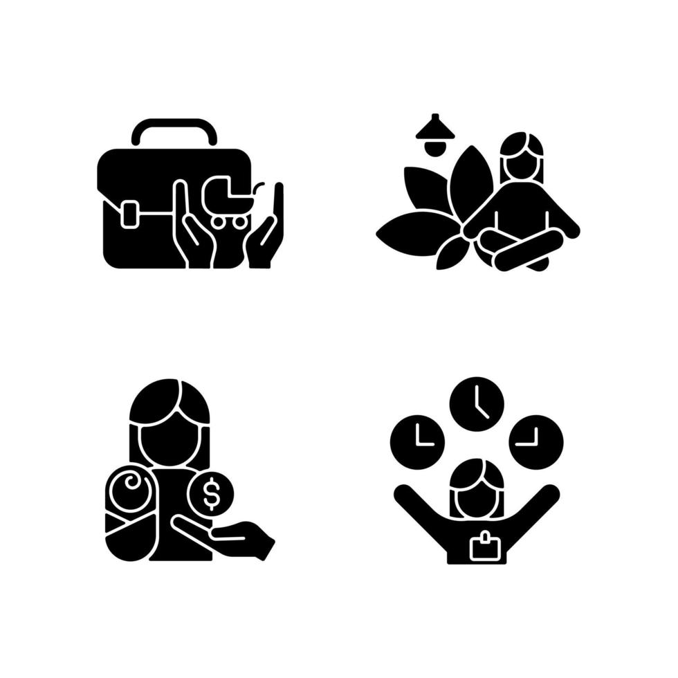 Employee incentives black glyph icons set on white space. Child care assistance. Meditative space at work. Paid parental leave. Flexible hours. Silhouette symbols. Vector isolated illustration