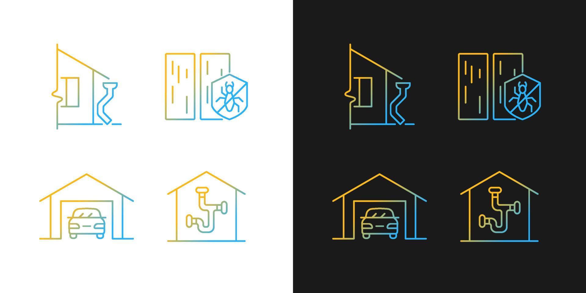 Residential construction gradient icons set for dark and light mode. Roof drainage system. Thin line contour symbols bundle. Isolated vector outline illustrations collection on black and white