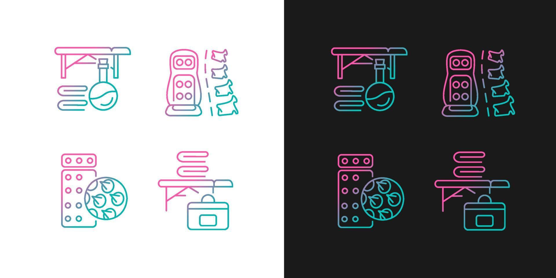 Back massage equipment gradient icons set for dark and light mode. Body recreation and treatment. Thin line contour symbols bundle. Isolated vector outline illustrations collection on black and white