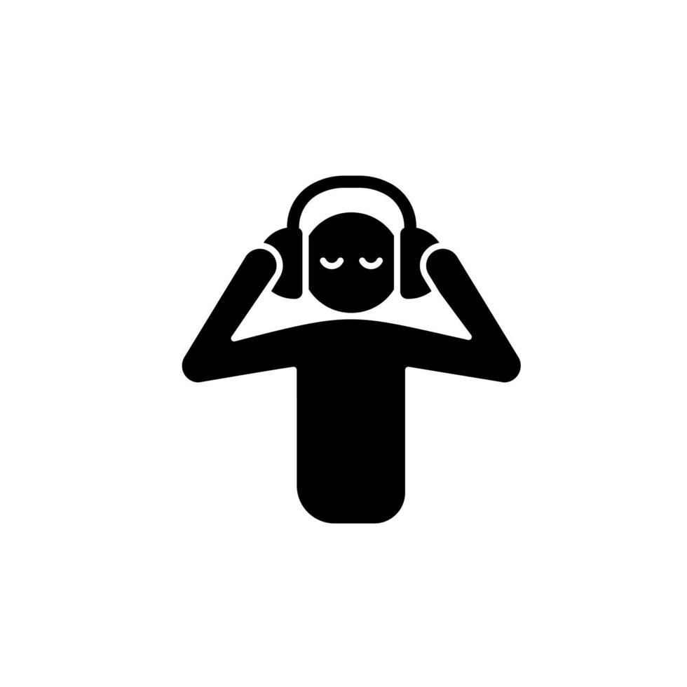 Listen to music black glyph icon. Person listening music with headphones. Human taking break from work. Getting pleasure from music. Silhouette symbol on white space. Vector isolated illustration
