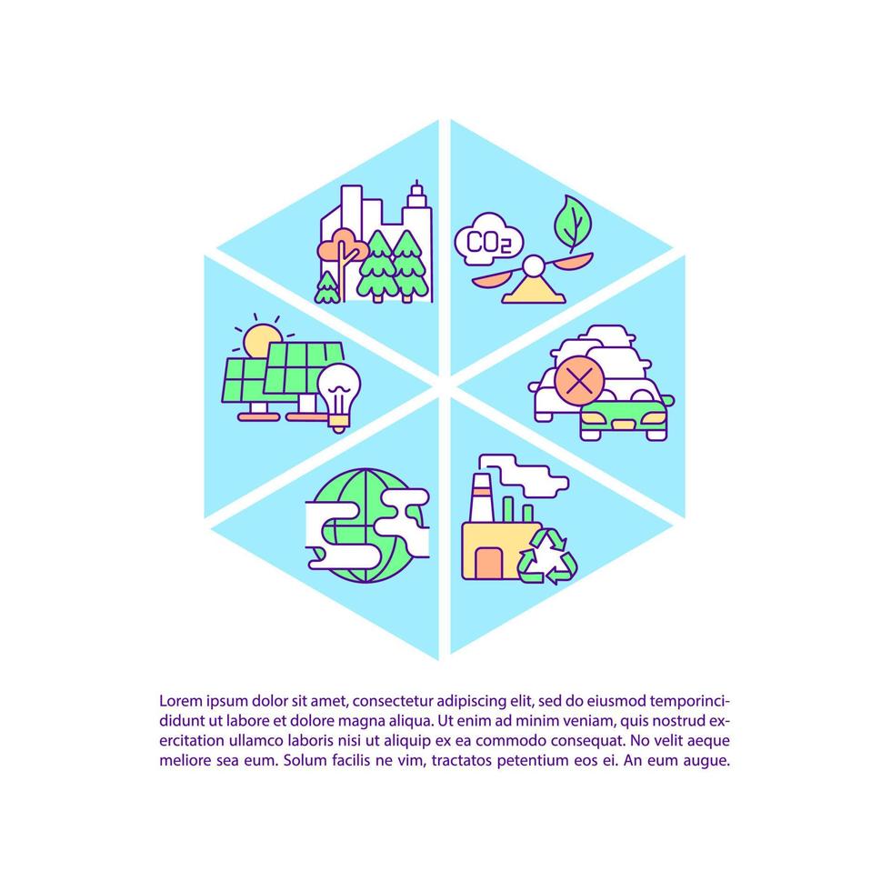 iconos de línea de concepto de estrategia de cero emisiones netas con texto. plantilla de vector de página ppt con espacio de copia. folleto, revista, elemento de diseño de boletín. ilustraciones lineales de reducción de la contaminación del aire en blanco