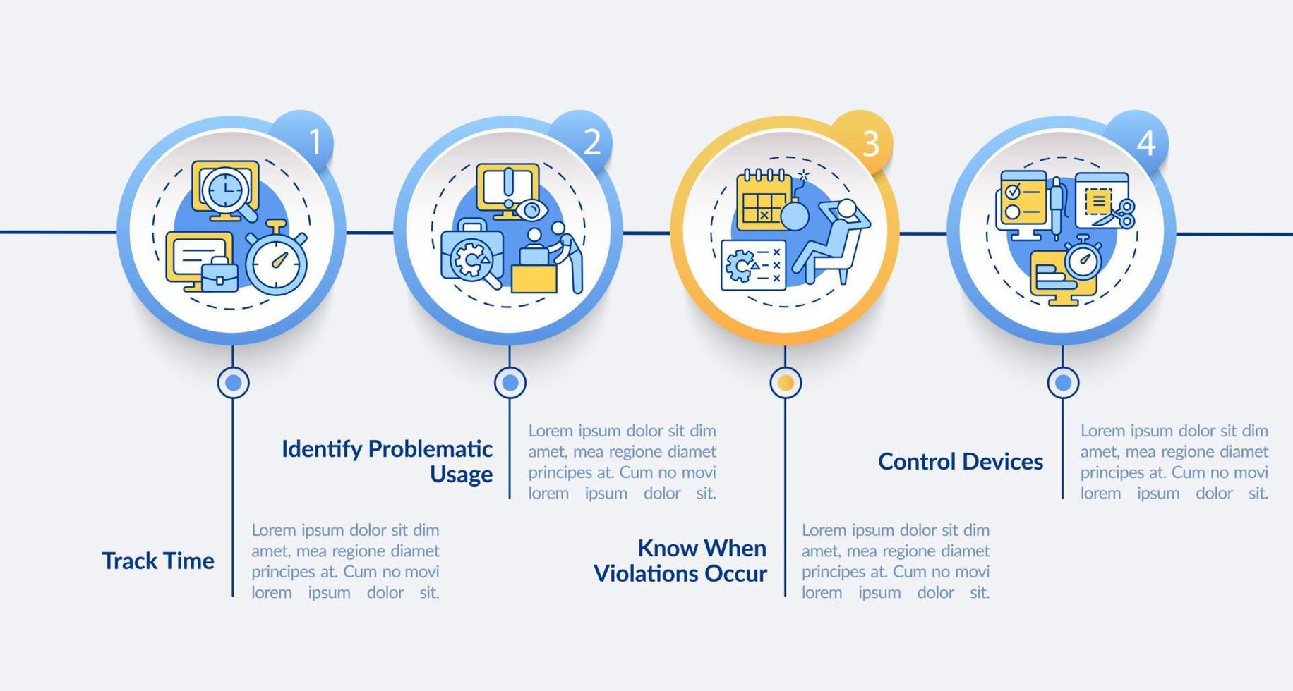 Work monitoring vector infographic template. Work tracking presentation outline design elements. Data visualization with 4 steps. Process timeline info chart. Workflow layout with line icons