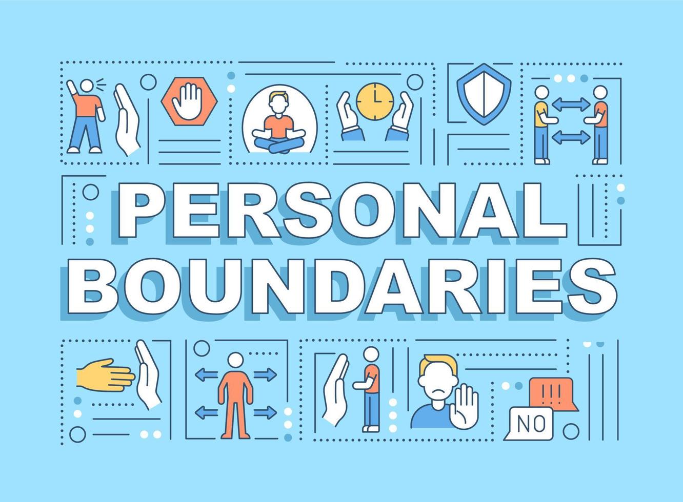 Personal boundaries word concepts banner. Set relationships rules. Infographics with linear icons on blue background. Isolated creative typography. Vector outline color illustration with text