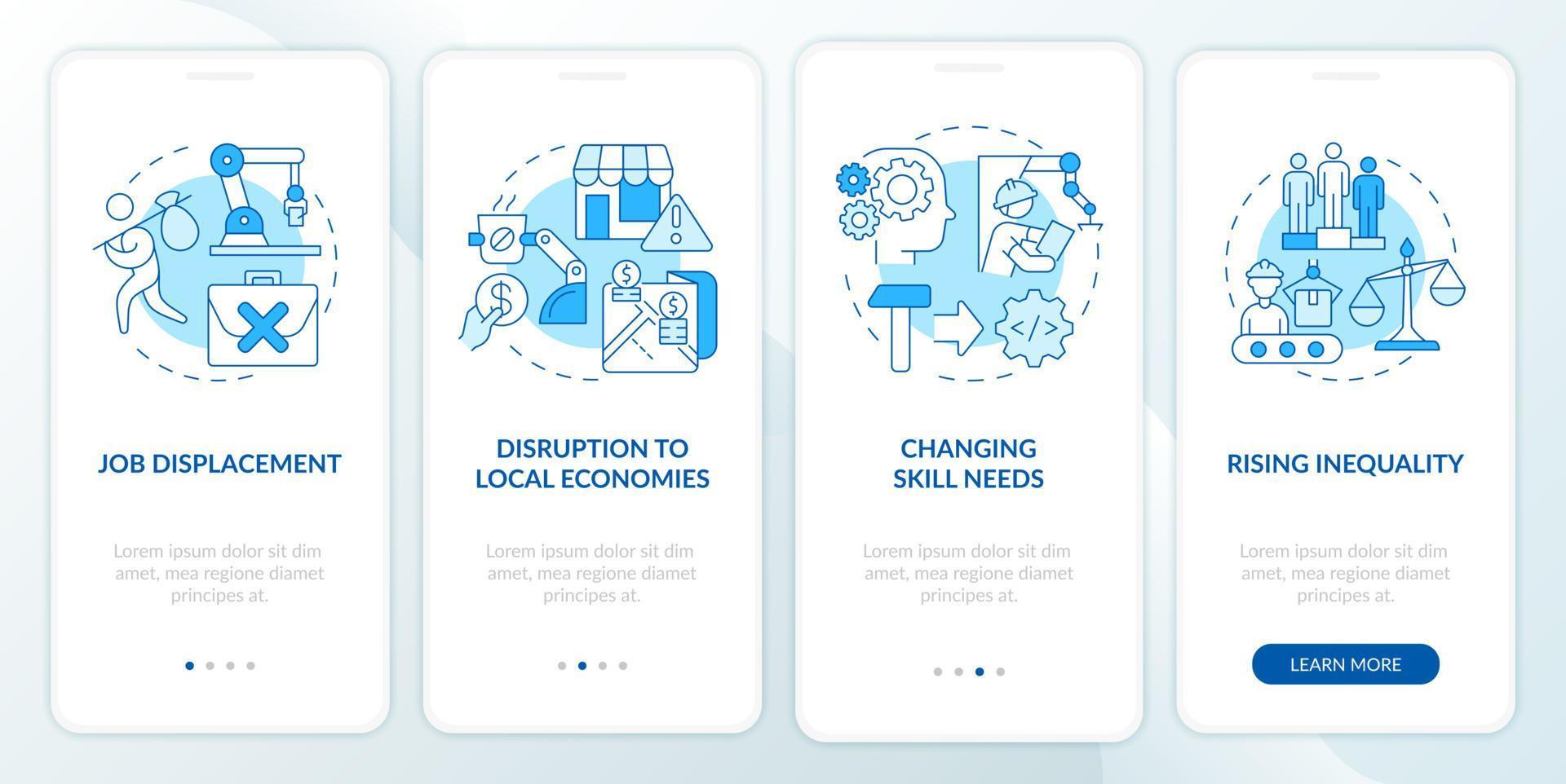 Negative automation impact on society blue onboarding mobile app screen. Walkthrough 4 steps graphic instructions pages with linear concepts. UI, UX, GUI template. Myriad Pro-Bold, Regular fonts used vector