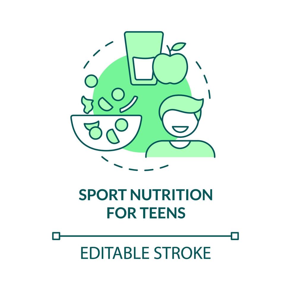 Sport nutrition for teens green concept icon. Meals for junior athletes abstract idea thin line illustration. Isolated outline drawing. Editable stroke. Roboto-Medium, Myriad Pro-Bold fonts used vector