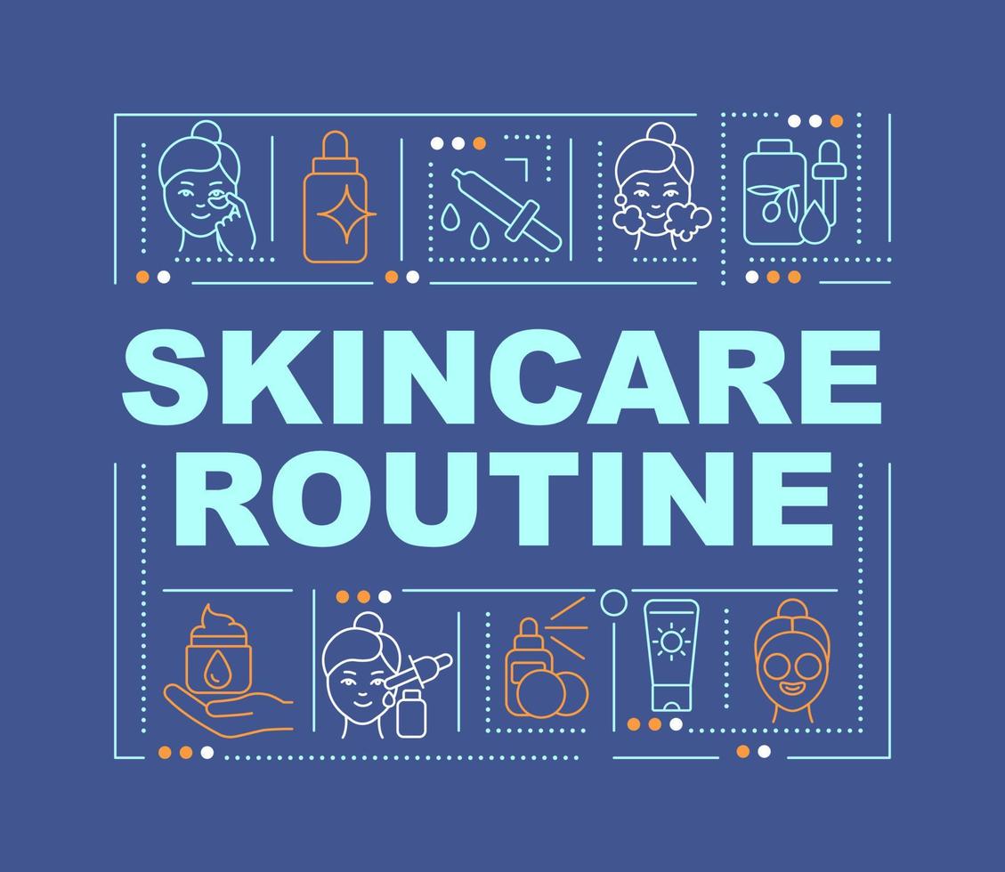 Skincare routine word concepts blue banner. Facial skin treatment. Infographics with linear icons on background. Isolated typography. Vector color illustration with text. Arial-Black font used