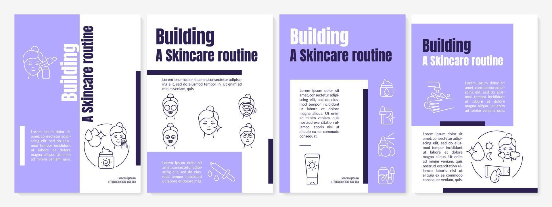 Skin cleansing purple brochure template. Care tips. Booklet print design with linear icons. Vector layouts for presentation, annual reports, ads. Questrial-Regular, Lato-Regular fonts used