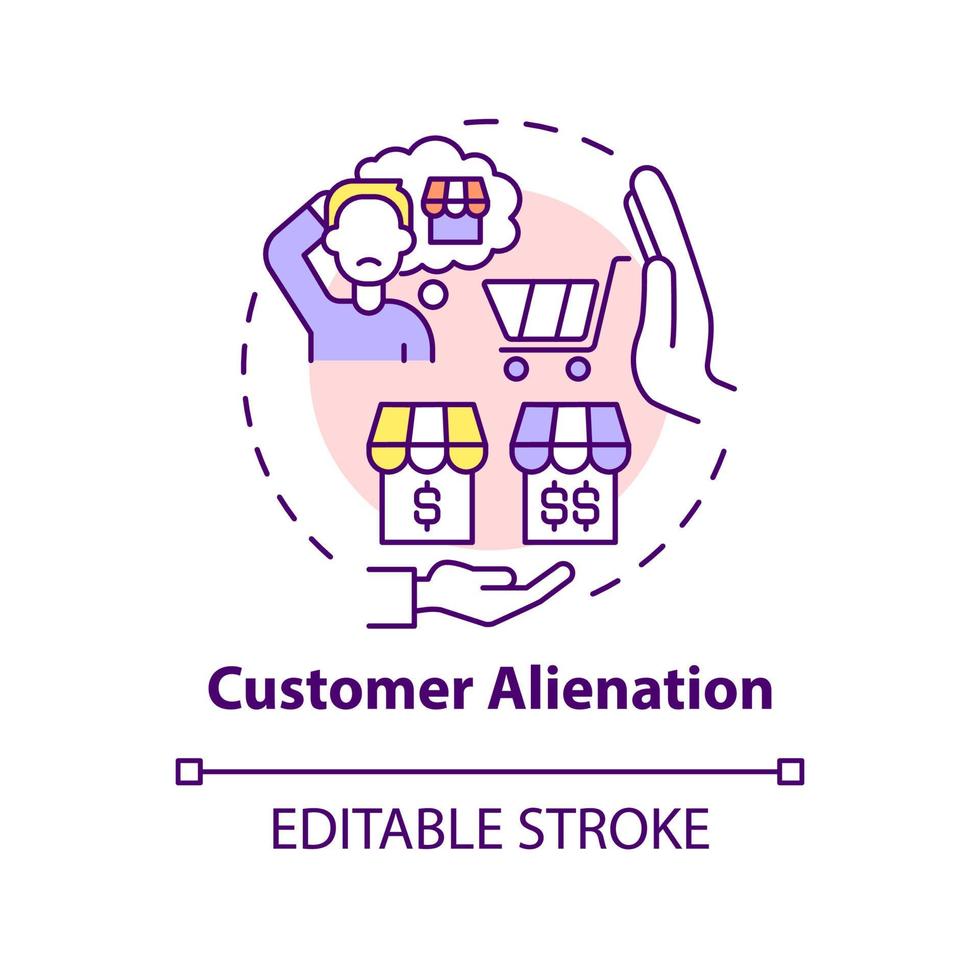 Customer alienation concept icon. Dynamic pricing drawback abstract idea thin line illustration. Brand failure. Isolated outline drawing. Editable stroke. Roboto-Medium, Myriad Pro-Bold fonts used vector