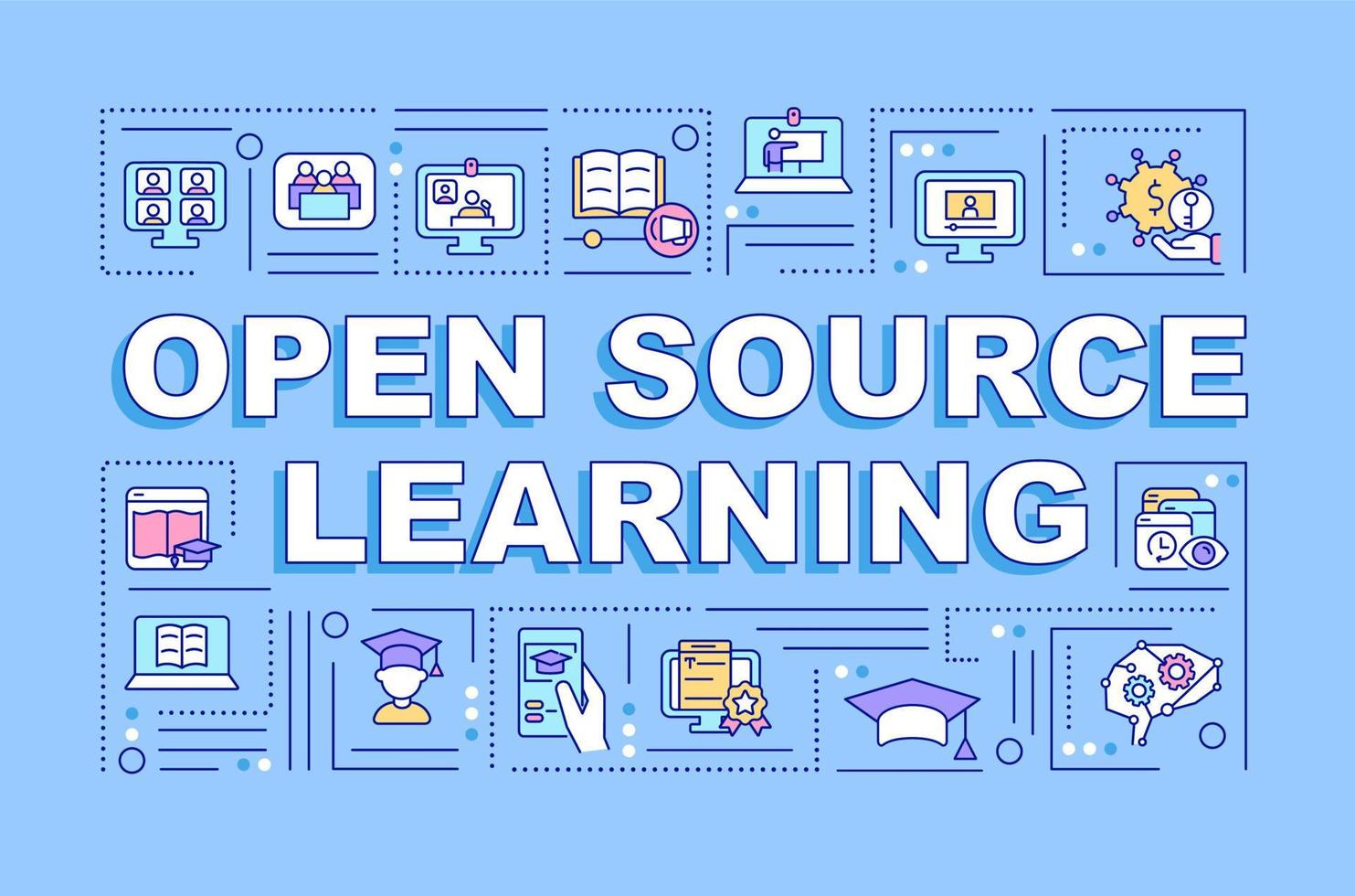 Open source learning word concepts blue banner. Online education. Infographics with linear icons on background. Isolated typography. Vector color illustration with text. Arial-Black font used