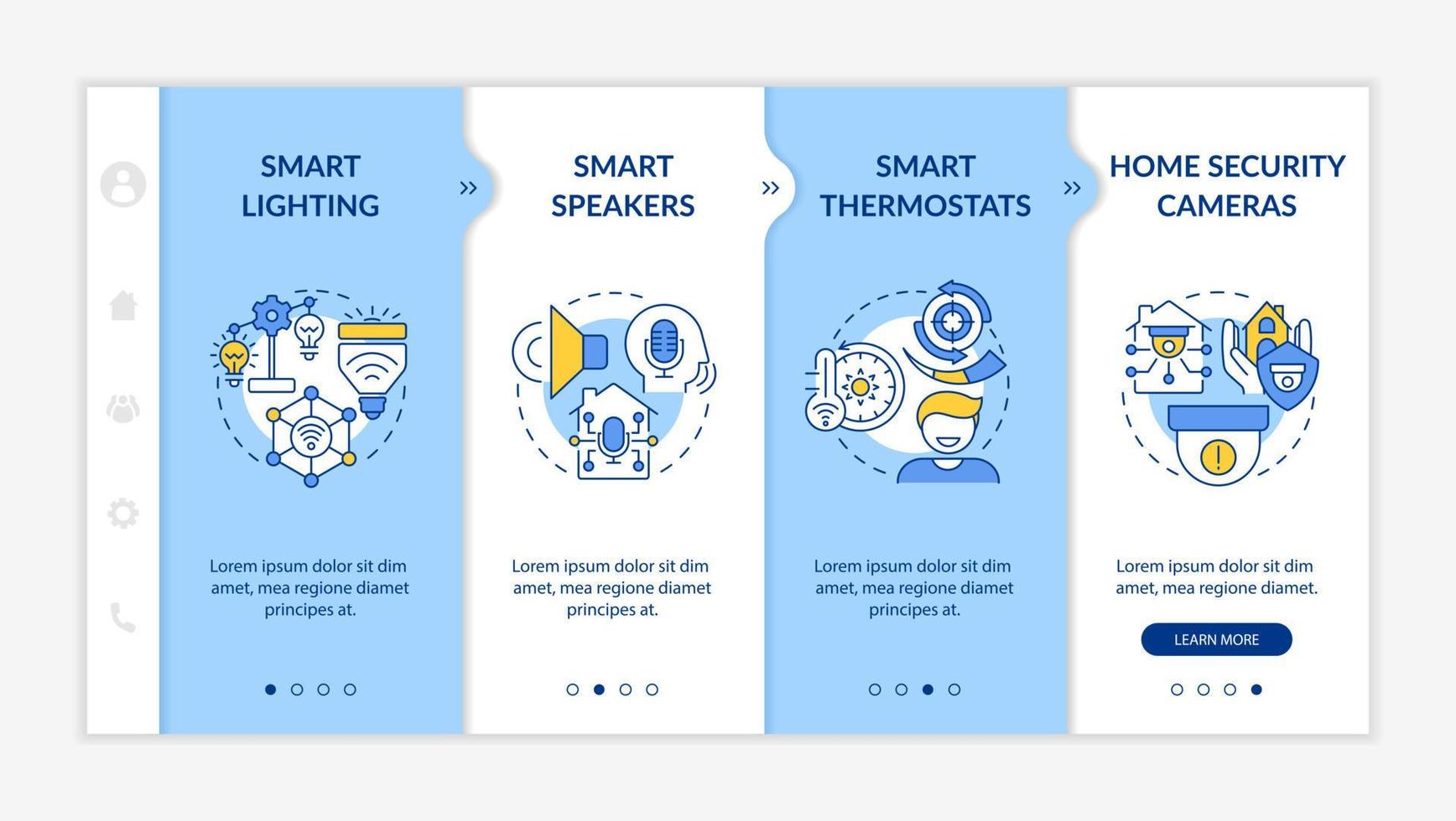 Smart home gadgets blue and white onboarding template. Speakers and lightbulbs. Responsive mobile website with linear concept icons. Web page walkthrough 4 step screens. Lato-Bold, Regular fonts used vector