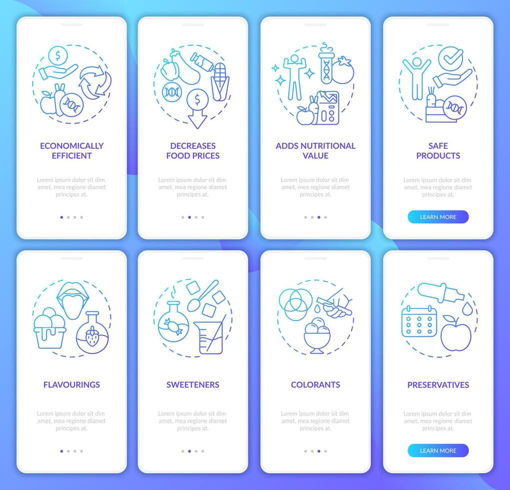 Food issues blue gradient onboarding mobile app screen set. Walkthrough 4 steps graphic instructions pages with linear concepts. UI, UX, GUI template. Myriad Pro-Bold, Regular fonts used vector
