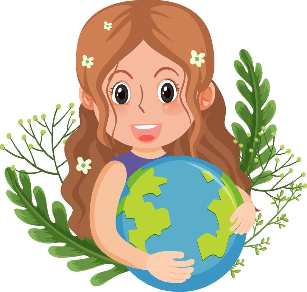 Beautiful girl hugging earth globe with nature elements vector