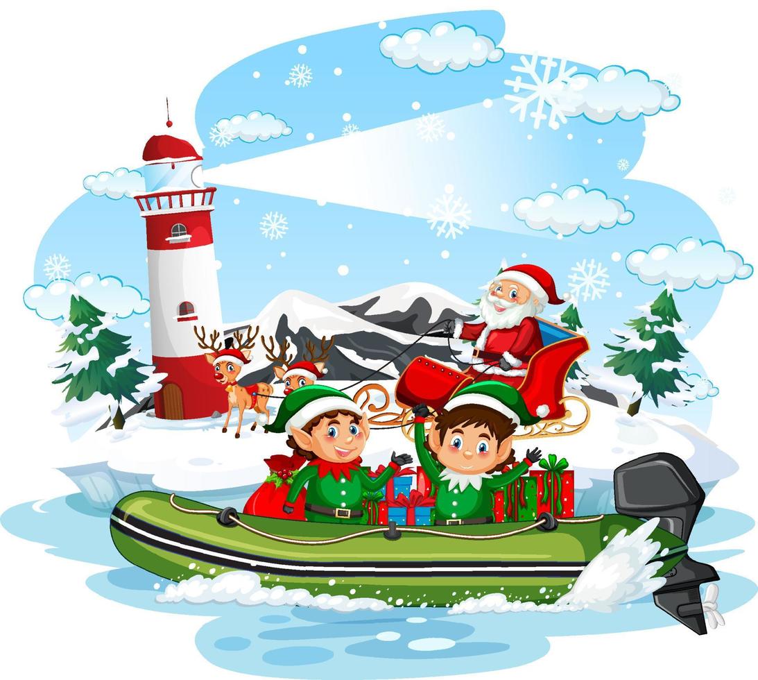 Santa Claus and elves delivering gifts by boat vector