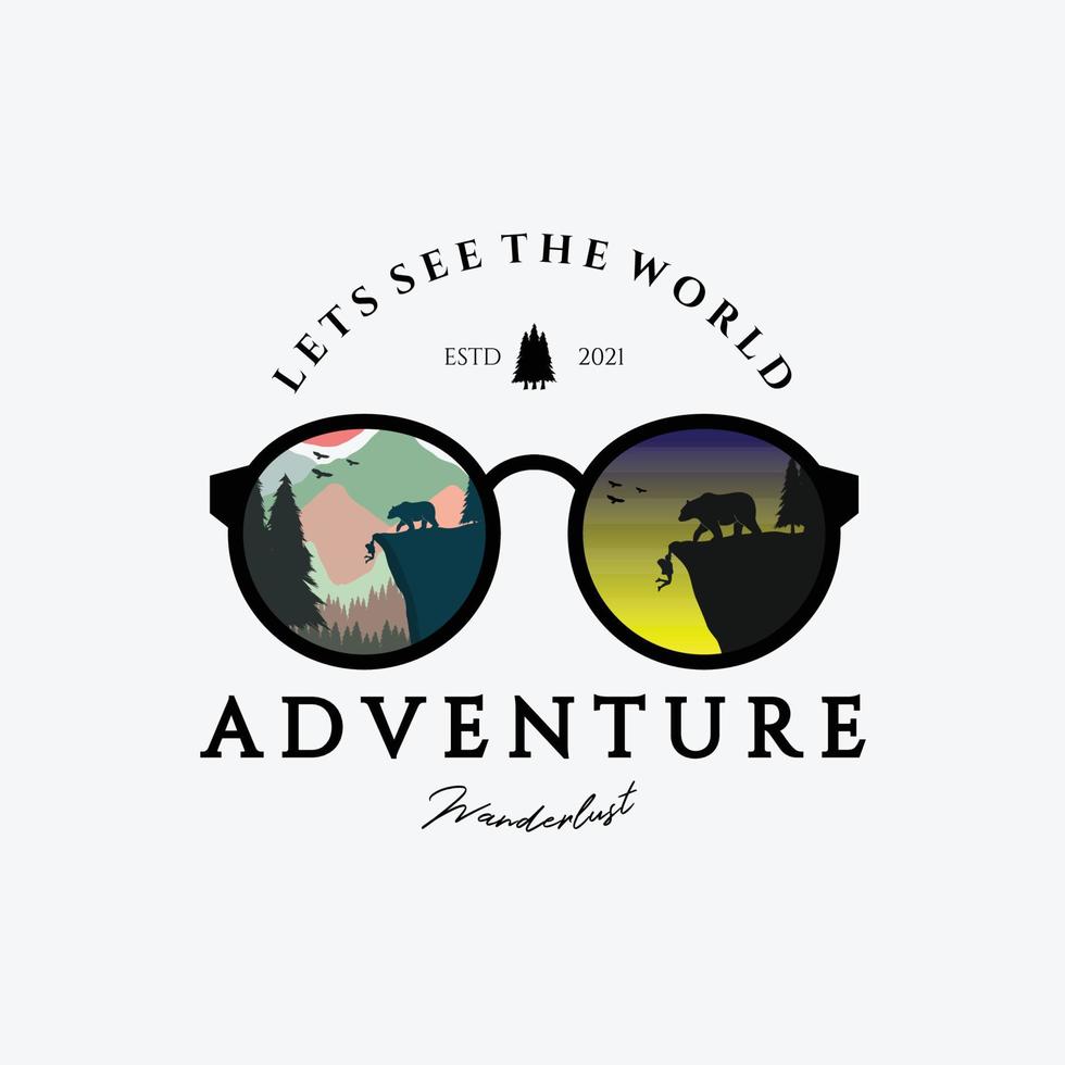 Outdoor Adventure Glasses Logo Design Vector Vintage Illustration, Let's See The World, Bear vs Man, Falling From The Gorge, Pastel Background