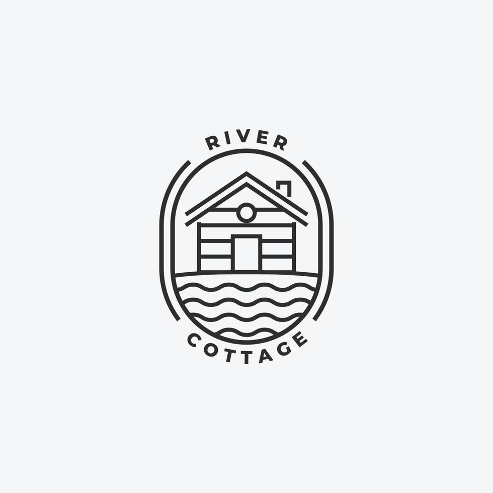 Minimal Emblem Cottage Cabins Logo Line Art Lake River Bay Hut Lodge Vector Illustration Design