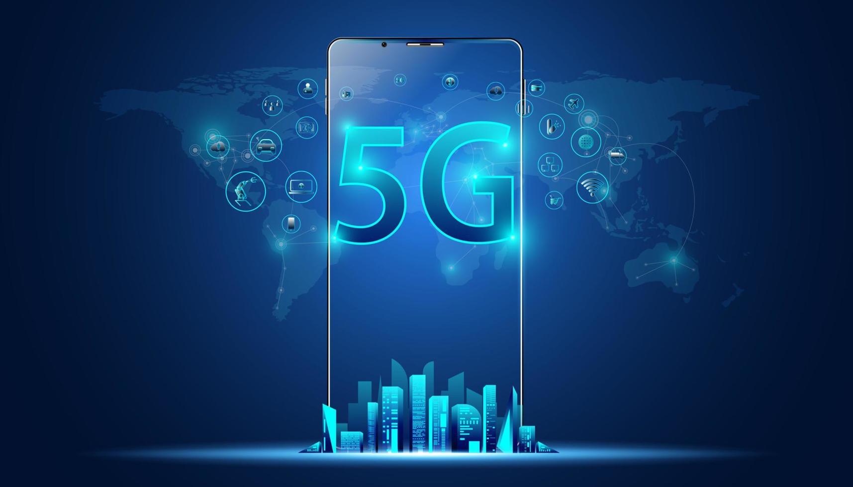 Abstract 5G holographic network wireless internet Wi-fi connection and internet of things on city background.Mobile Phone Connected To 5G Network vector