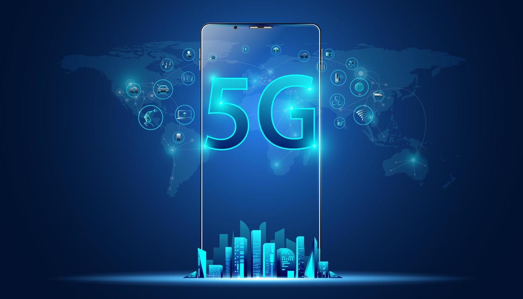 red holográfica abstracta 5g conexión inalámbrica a internet wi-fi e internet de las cosas en el fondo de la ciudad.teléfono móvil conectado a la red 5g vector