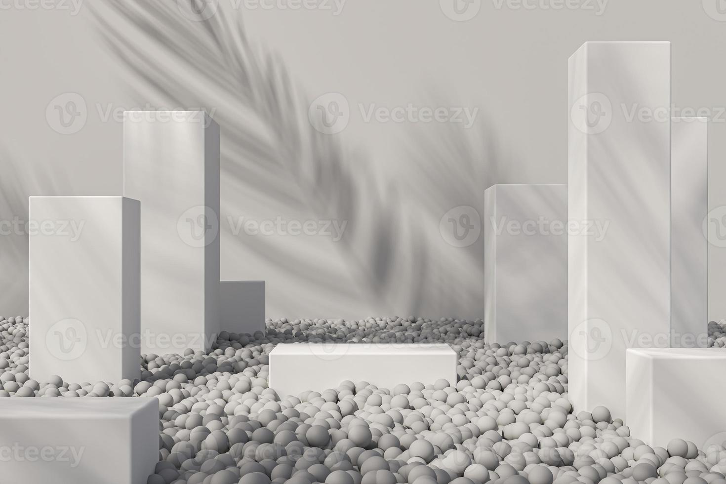 White platform on many white balls, tropical plant shade on the wall, White mockup background for product presentation. 3d rendering photo
