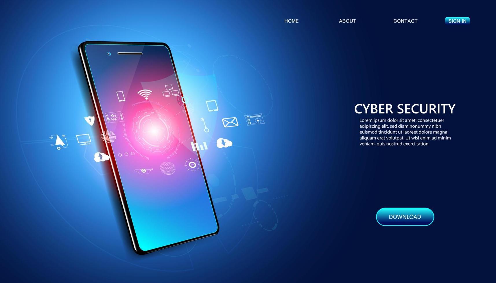 Abstract cyber security with phone and icons concept Cyber protection application By program developers to protect data on various electronic devices vector