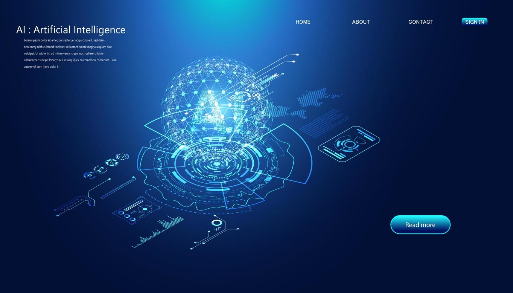 Abstract technology Ai interface computing concept working data of Artificial intelligence and futuristic digital for future on dark blue background. vector