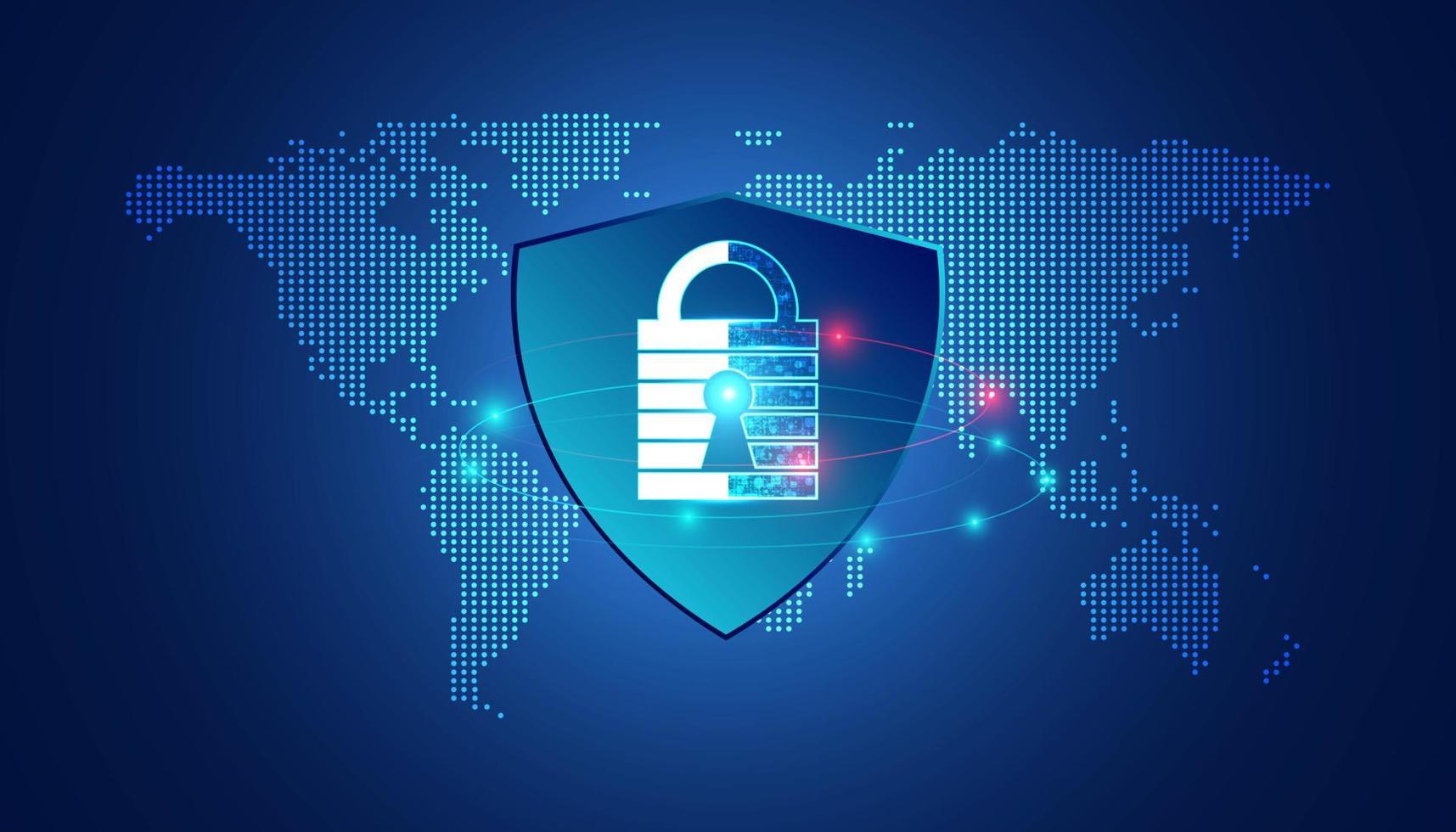 abstract padlock cyber security with map dot and shield concept Protection of information in the online world, cyber personal information, internet, preventing internet theft vector