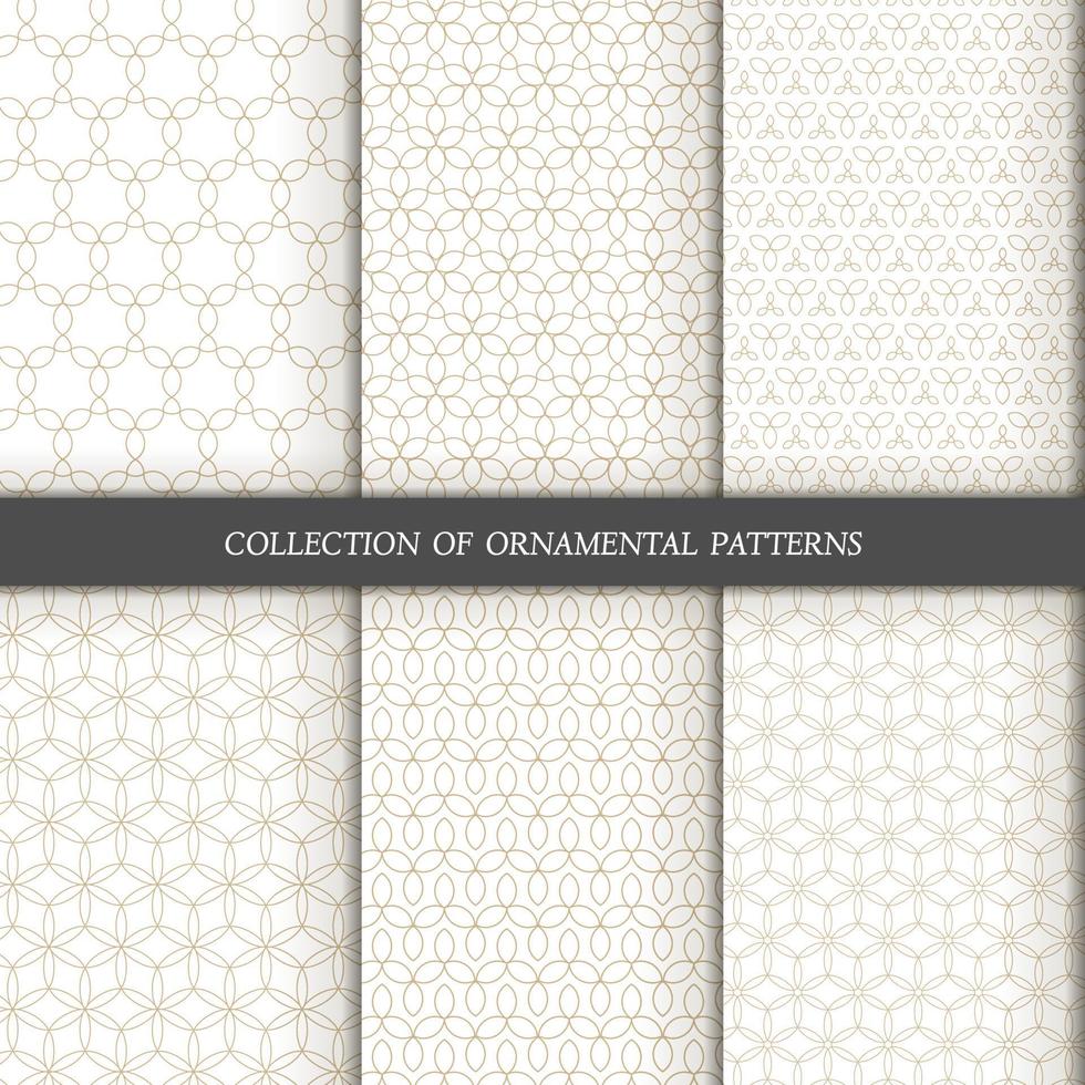 Set of 6 vector seamless patterns. Ornamental gold patterns on a white background.