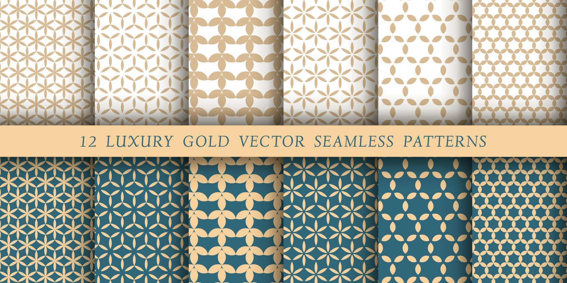 Set of 12 luxurious vector seamless patterns. Geometrical patterns on a white and emerald background. Modern illustrations for wallpapers, flyers, covers, banners, minimalistic ornaments, backgrounds.