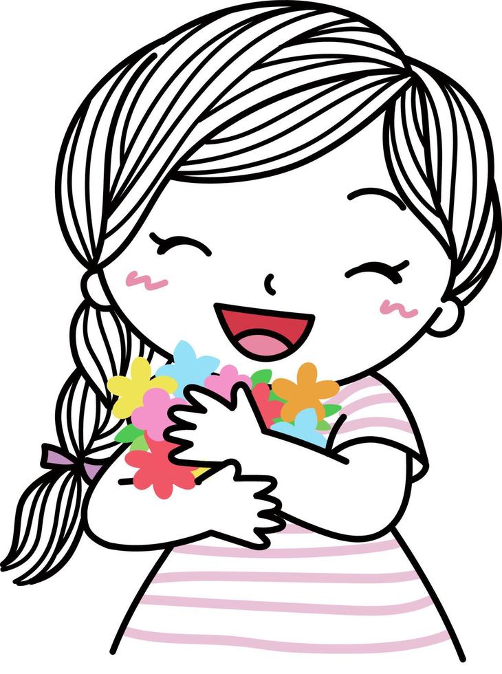 Girl with braided braids holds flowers in her hands vector