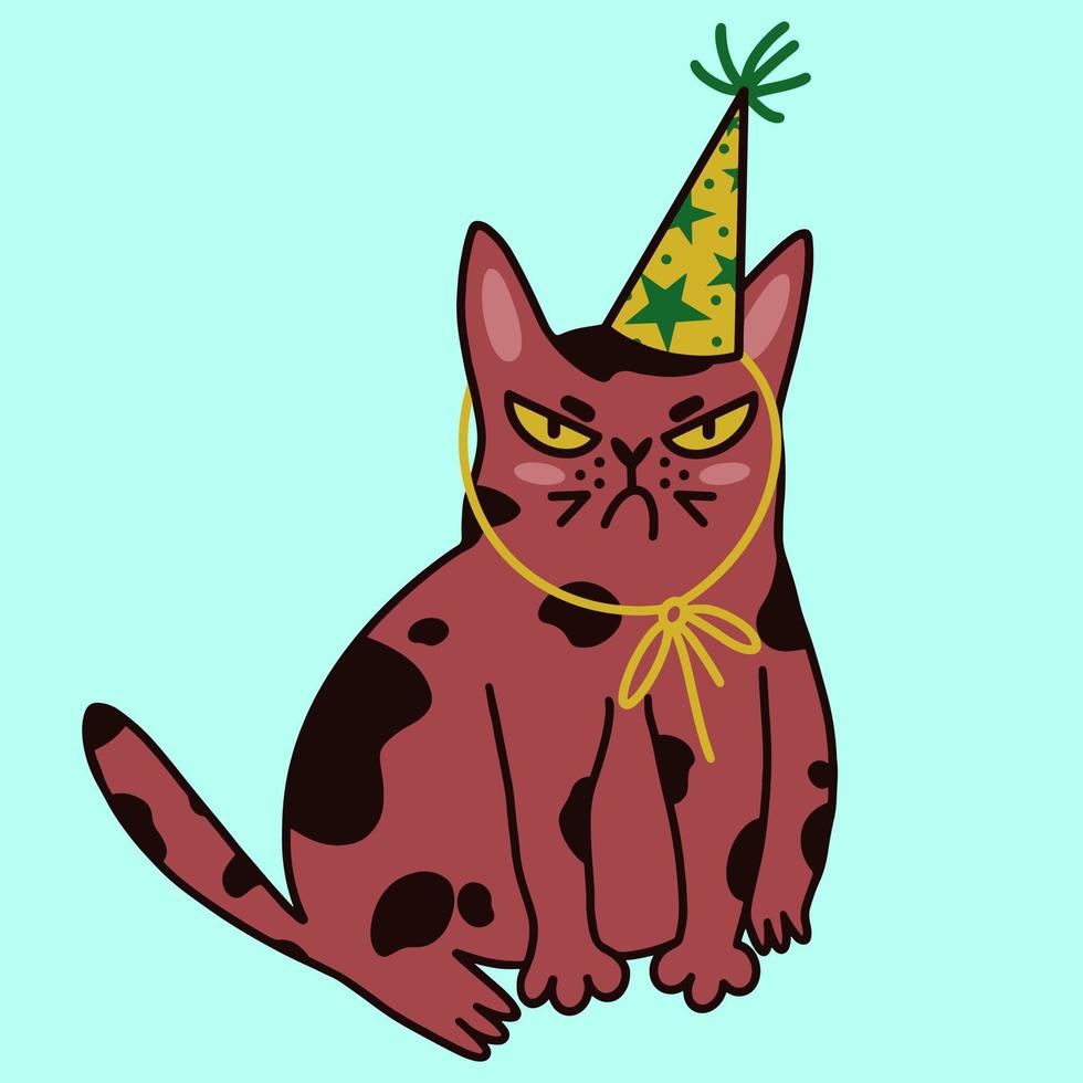 Cute cartoon cat vector icon. Isolated illustration on a light background. Displeased kitten in a festive cap. Grumpy pet is celebrating a birthday. Annoyed animal at a party. Flat style. Pop Art.
