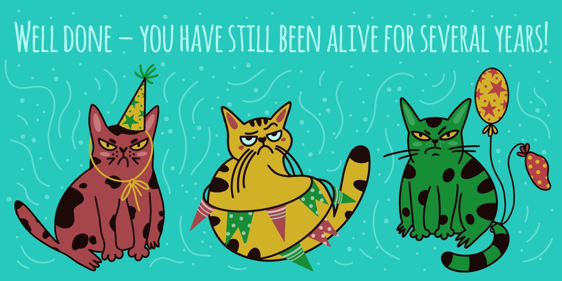 conjunto de vectores con gatos celebrando cumpleaños. ilustraciones  aisladas de animales. gatitos gruñones en la fiesta.