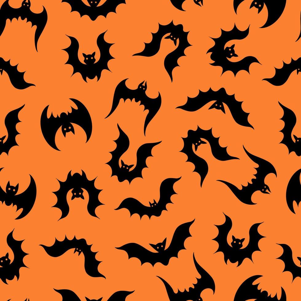 Bats vector seamless pattern. A flock of flying predators on an orange background. Black silhouettes of night bloodsuckers. Hand-drawn winged beasts. Bats vampires. Halloween ornament, flat style.
