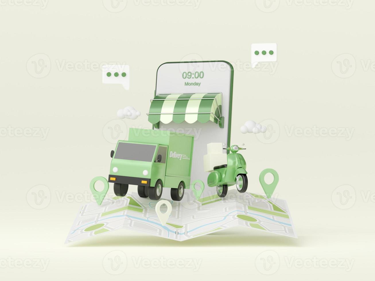 Delivery service on mobile application, Transportation delivery by truck or scooter, 3d illustration photo