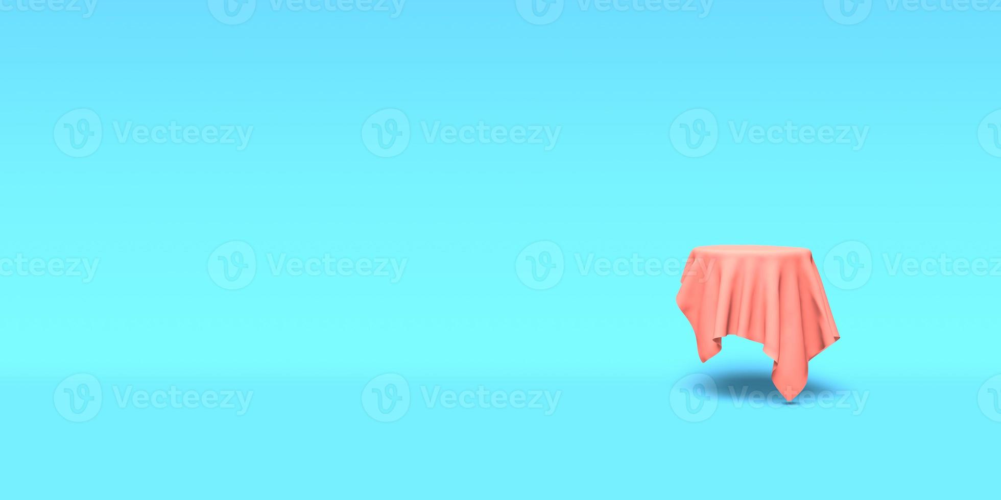 Podium, pedestal or platform covered with pink cloth on blue background. Abstract illustration of simple geometric shapes. 3D rendering. photo