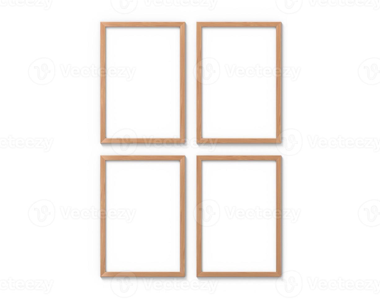 Set of 4 vertical wooden frames mockup with a border hanging on the wall. Empty base for picture or text. 3D rendering. photo