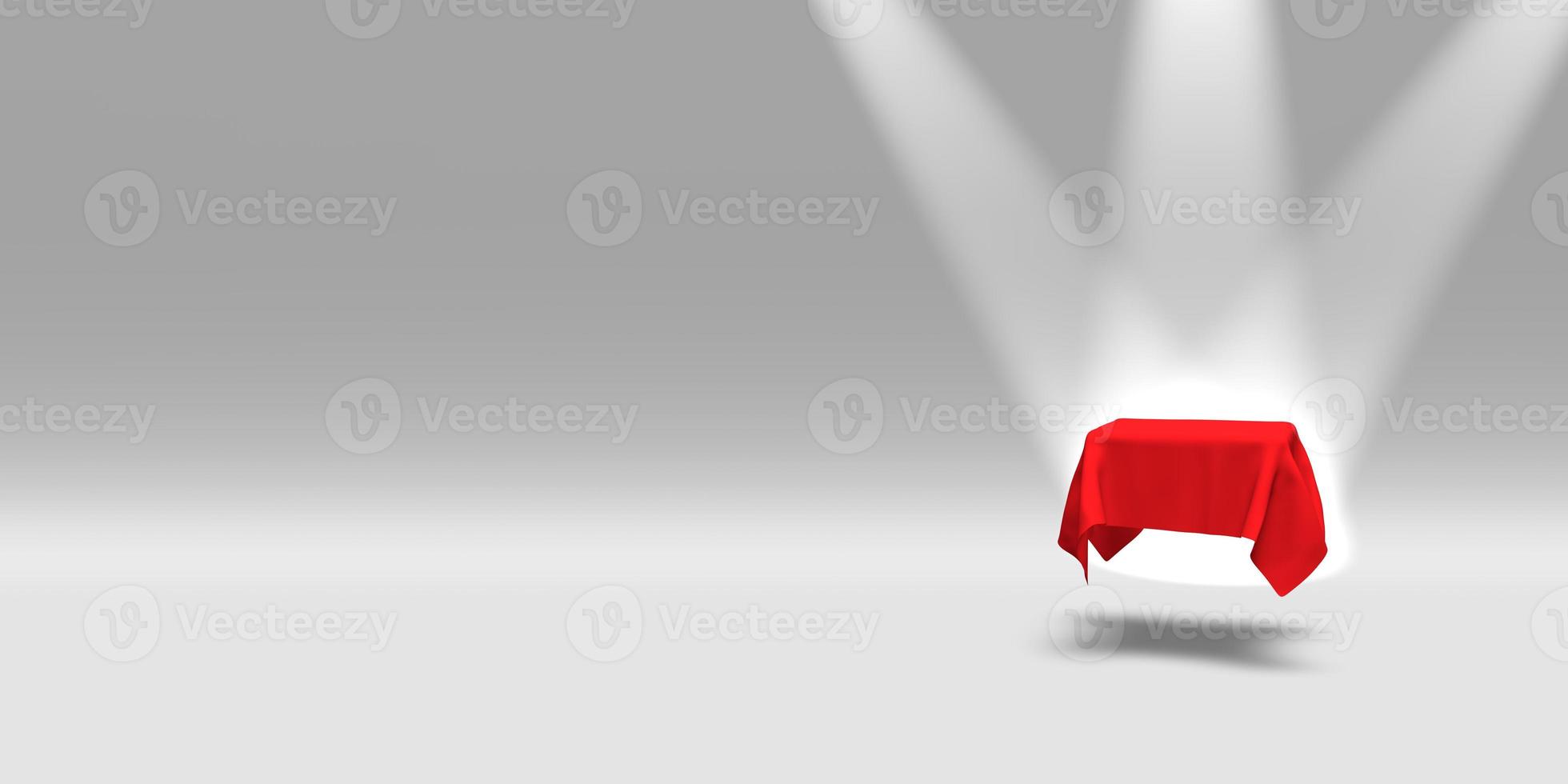 Podium, pedestal or platform covered with red cloth illuminated by spotlights on white background. Abstract illustration of simple geometric shapes. 3D rendering. photo