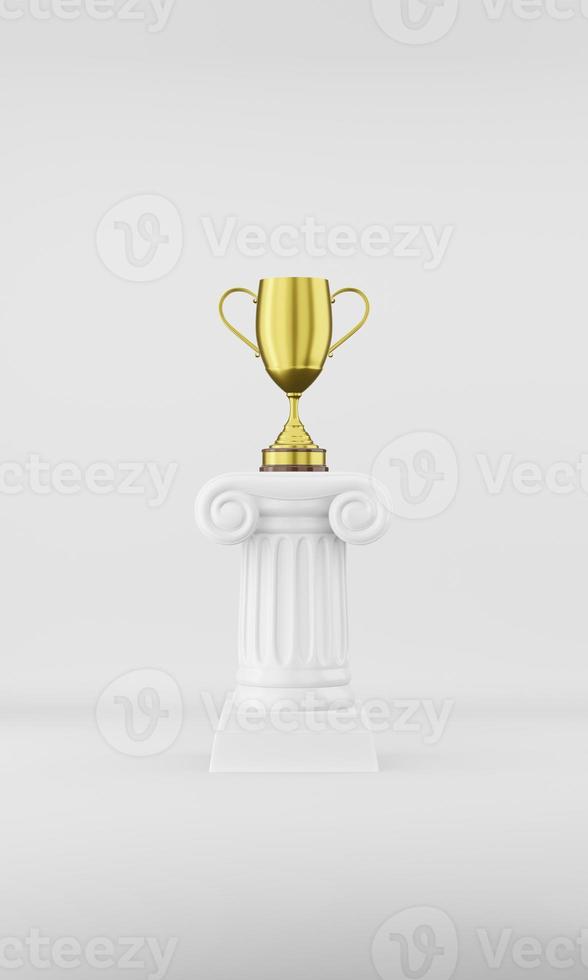 Abstract podium column with a golden trophy on the white background. The victory pedestal is a minimalist concept. 3D rendering. photo