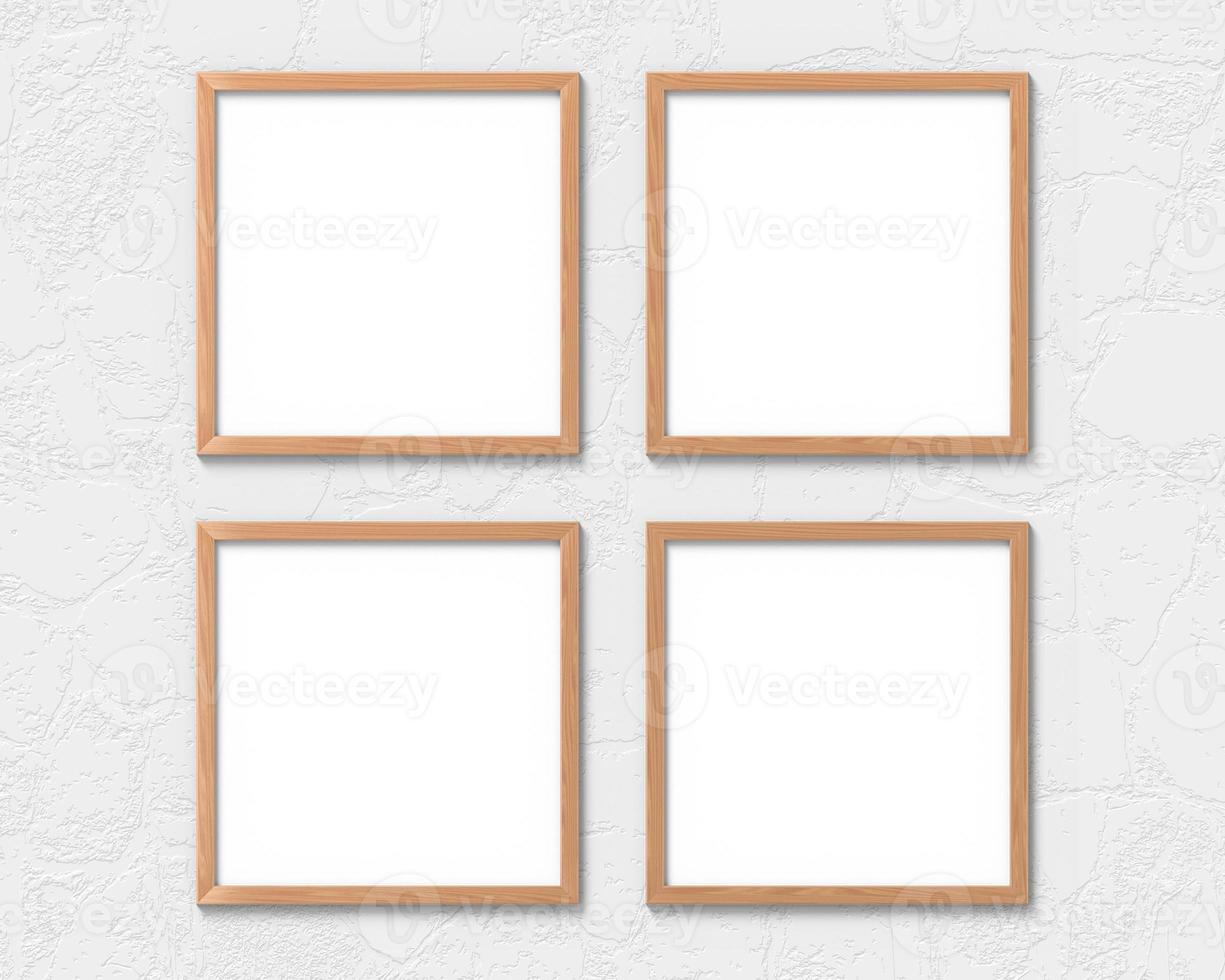 Set of 4 square wooden frames mockup hanging on the wall. Empty base for picture or text. 3D rendering. photo