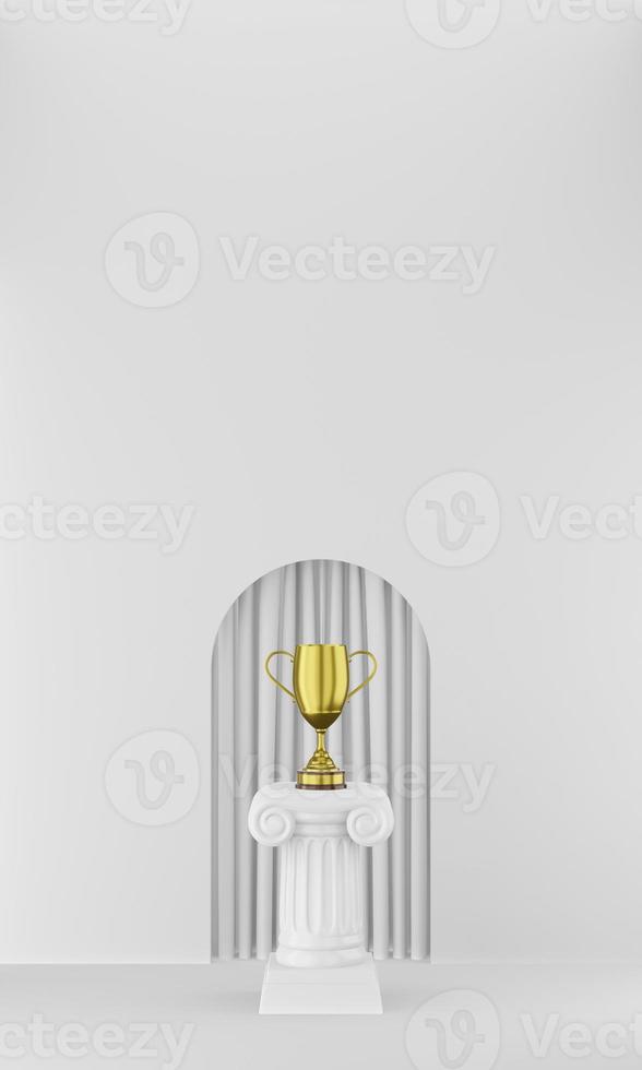 columna de podio abstracta con un trofeo dorado sobre fondo blanco con arco. el pedestal de la victoria es un concepto minimalista. representación 3d foto