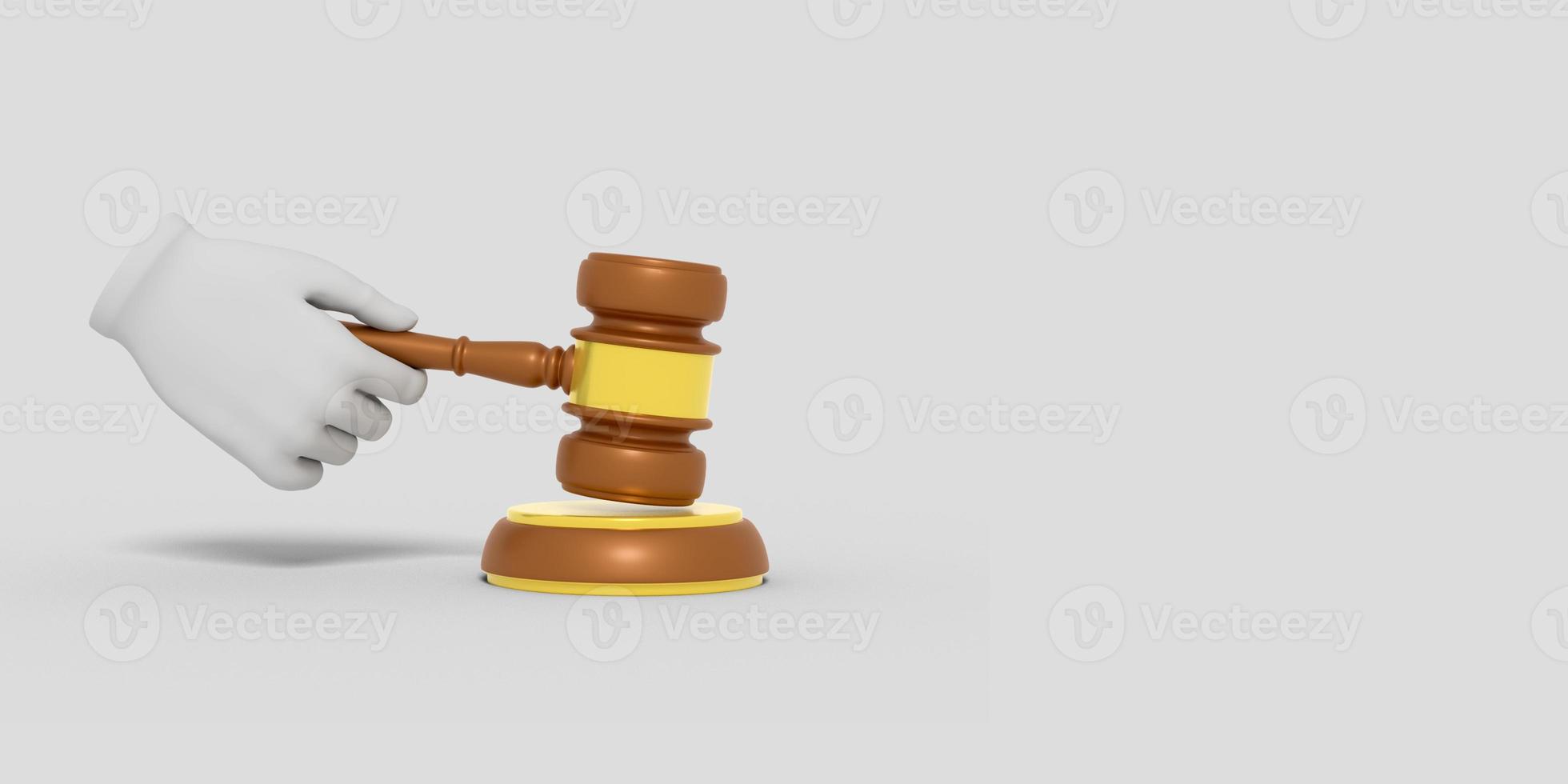 Cartoon hand is holding a judge's gavel. Illustration on color background. 3D-rendering. photo