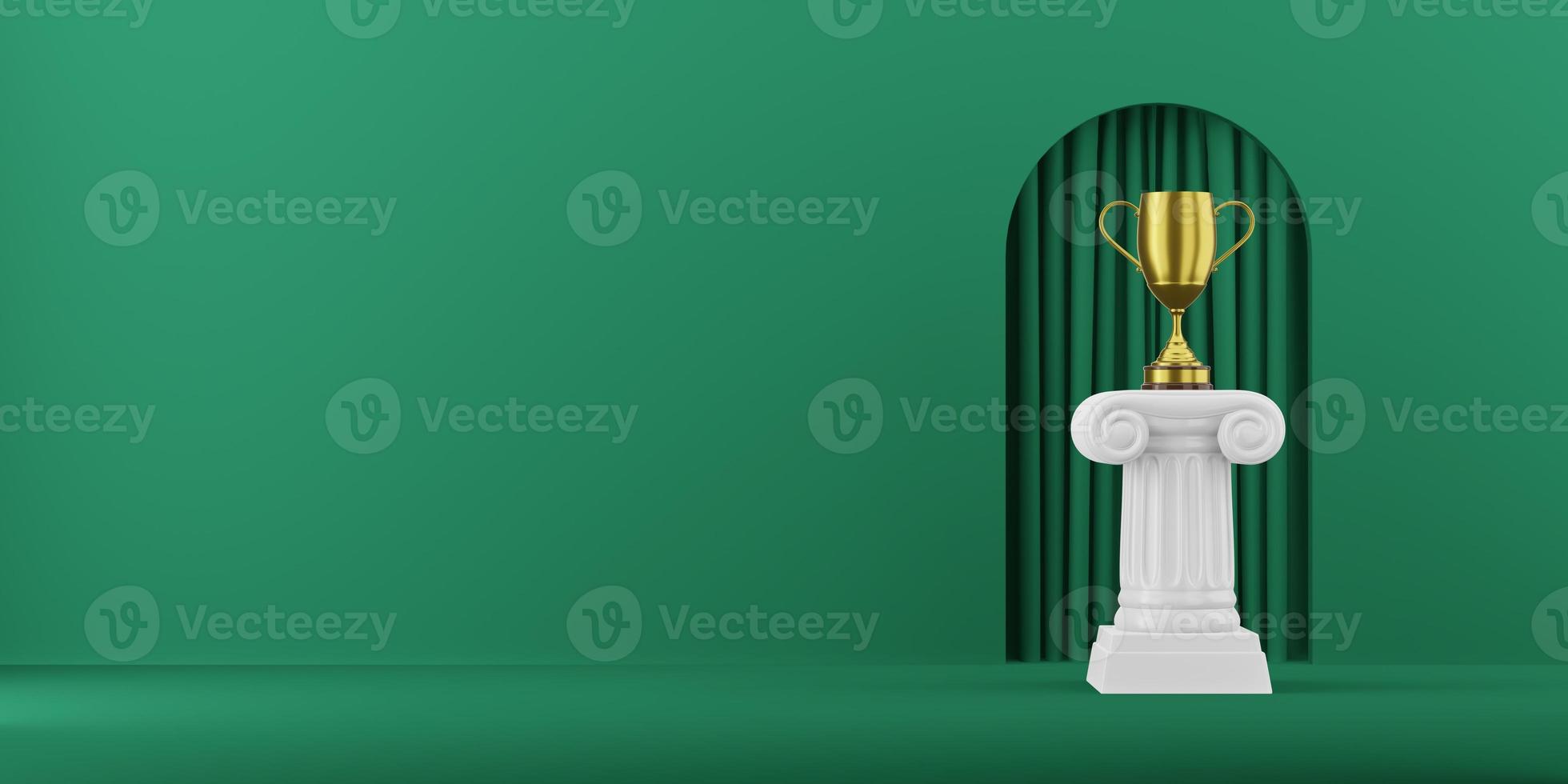 Abstract podium column with a golden trophy on the green background with arch. The victory pedestal is a minimalist concept. 3D rendering. photo