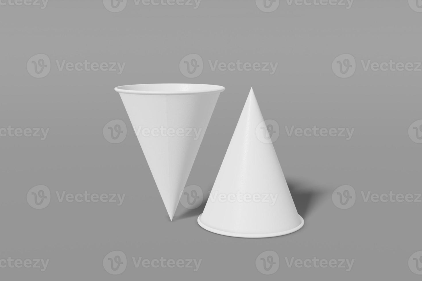 Two paper cups mockup cone shaped on a grey background. One of the cups is turned upside down. 3D rendering photo