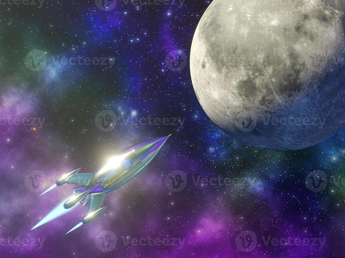 Space rocket flies to the moon on the background of a beautiful starry sky. Multicolored space nebula. 3D rendering. photo
