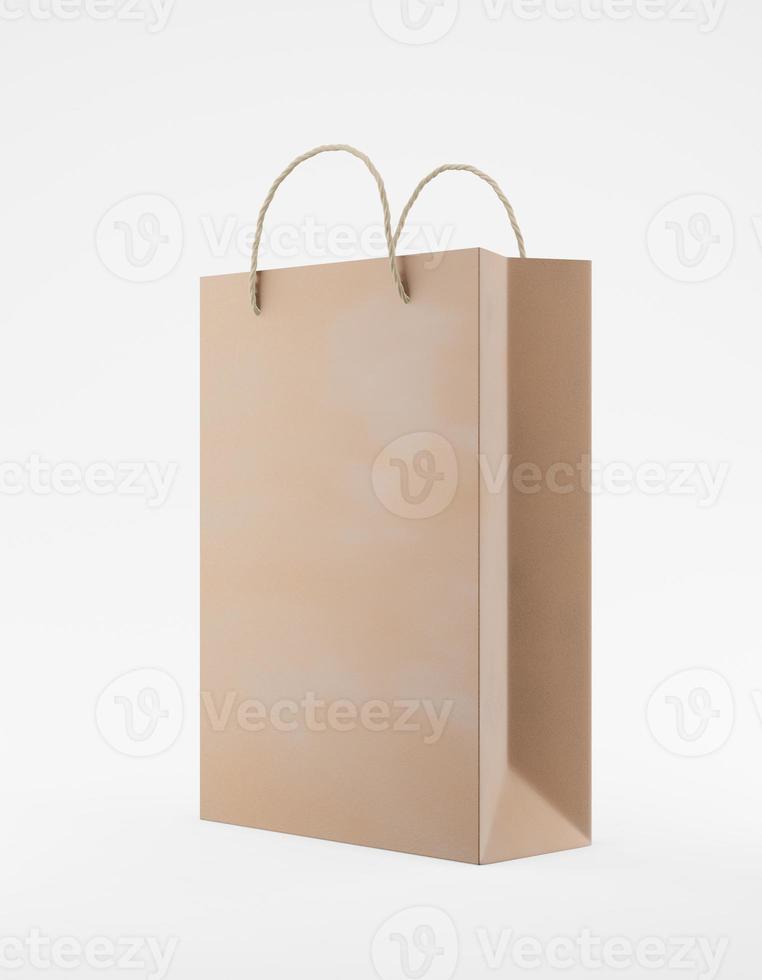 Eco packaging mockup bag kraft paper with handle half side. Standard medium brown template on white background promotional advertising. 3D rendering photo