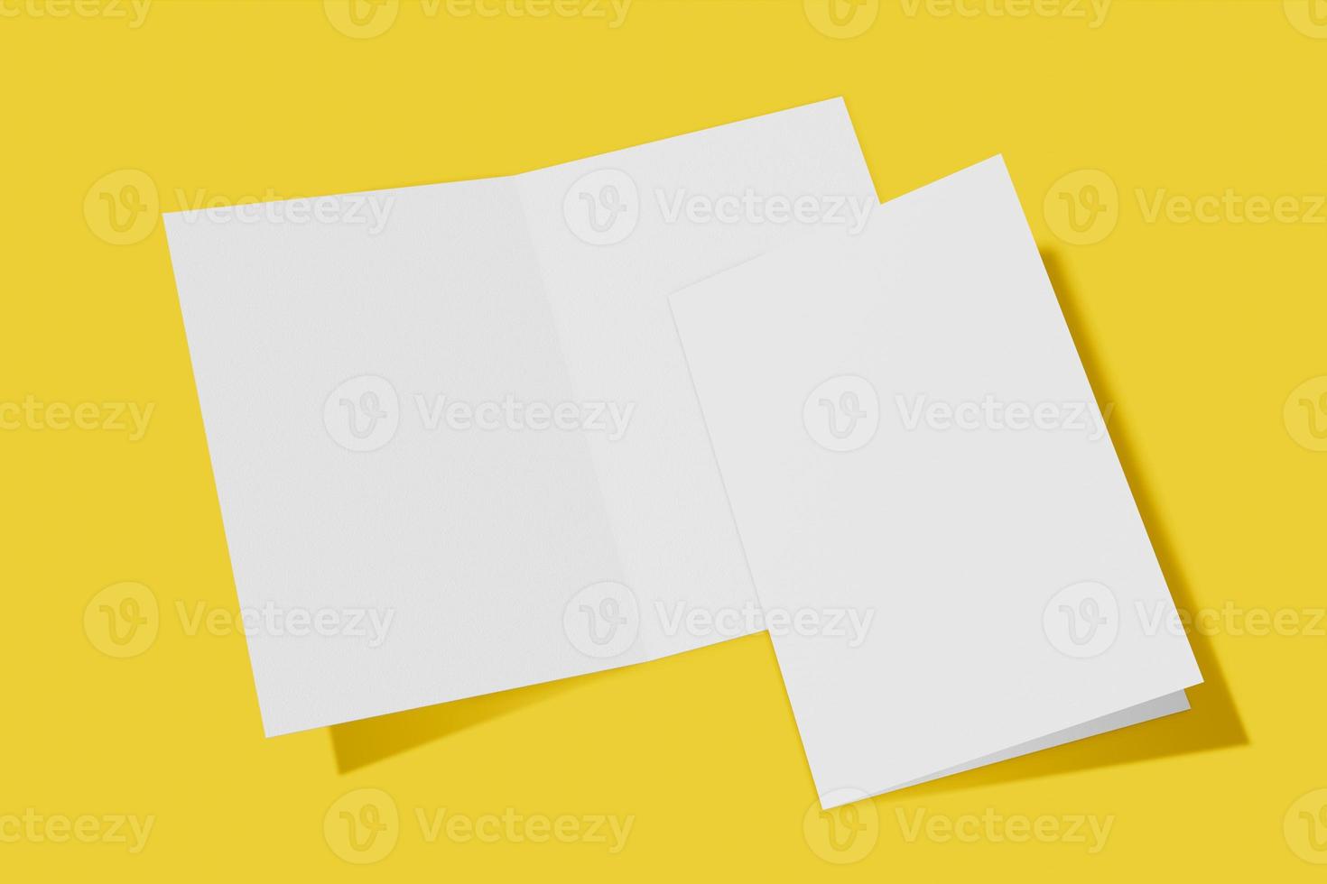 Two Mockup vertical booklet, brochure, invitation isolated on a yellow background with hard cover and realistic shadow. 3D rendering. photo