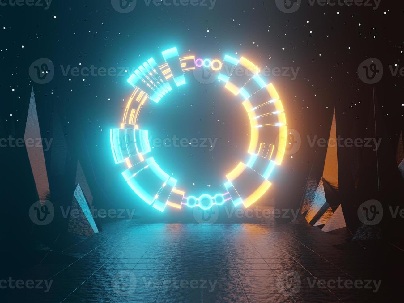 Neon glowing gate, portal, entrance, abstract green and orange background. 3d rendering. photo