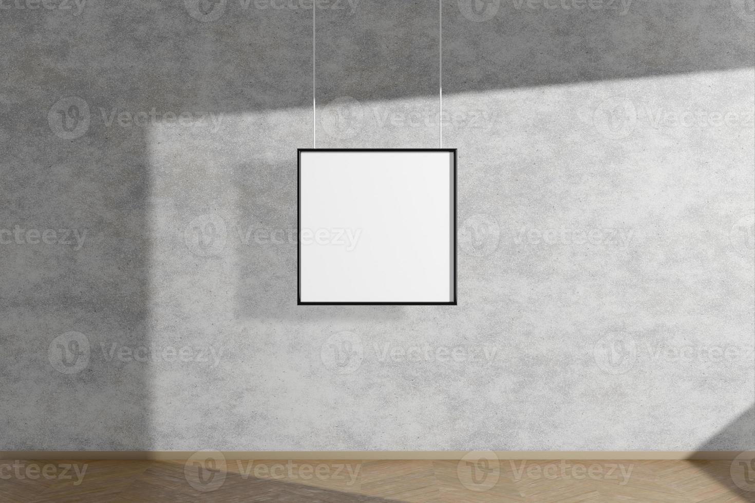 Square mock up picture frame in black hanging on concrete wall simple interior dark room light and shadow of the window. 3D rendering photo