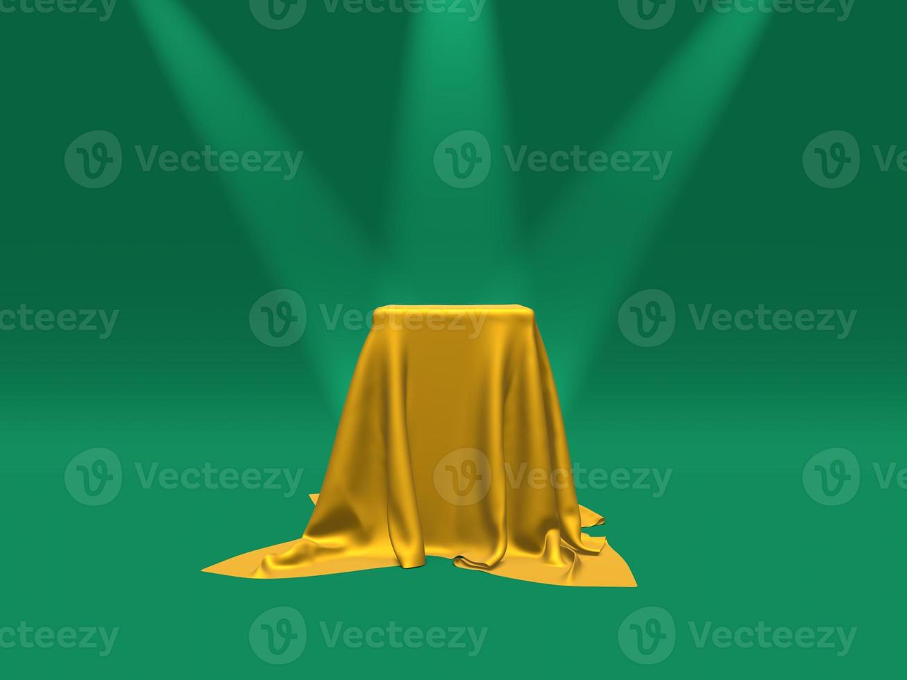 Podium, pedestal or platform covered with gold cloth illuminated by spotlights on green background. Abstract illustration of simple geometric shapes. 3D rendering. photo