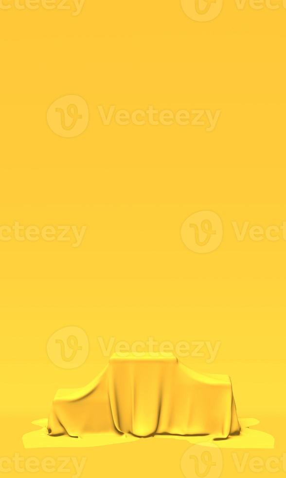 Podium, pedestal or platform covered with gold cloth on yellow background. Abstract illustration of simple geometric shapes. 3D rendering. photo