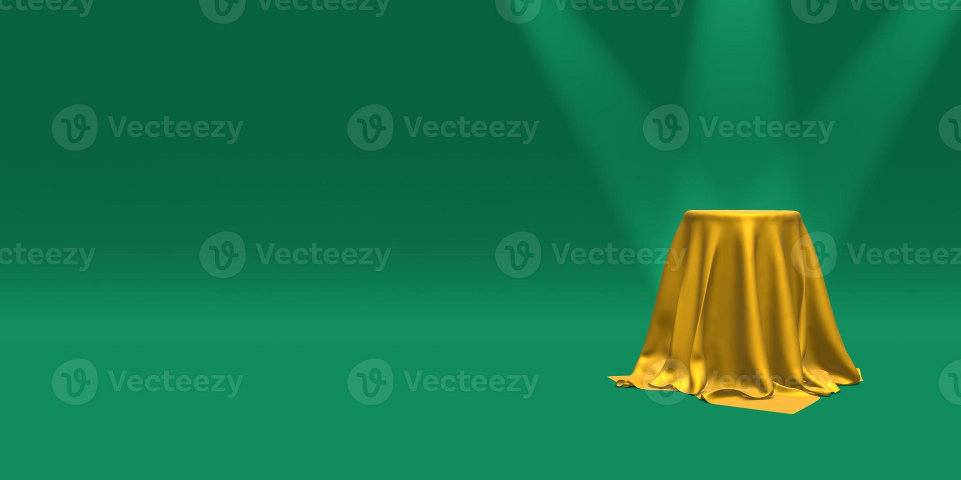 Podium, pedestal or platform covered with gold cloth illuminated by spotlights on green background. Abstract illustration of simple geometric shapes. 3D rendering. photo